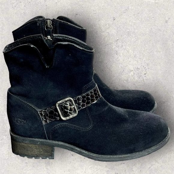 UGG MILNOR Black Suede Snake Strap Ankle Boots with Zipper Size 8 NEW - Picture 5 of 12